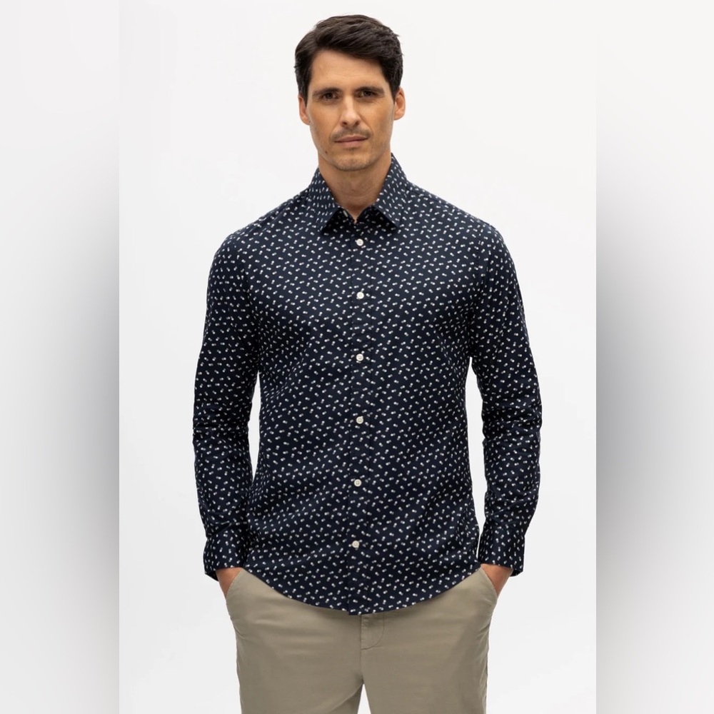 Julian & Mark men’s Ryan Geo Dot Print long sleeve button up shirt navy Size L
